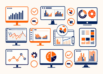 Business Data Visualization on Multiple Screens Various computer and tablet screens display different types charts and graphs representing data analysis and business insights data visualization