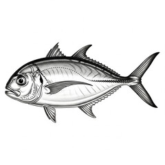 Hand drawn trevally fish illustration — detailed black and white marine fish drawing, vintage style.