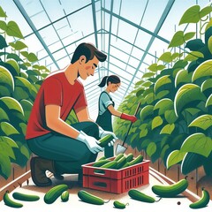 Harvesting cucumbers in a greenhouse by two farmers on a sunny day