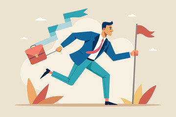 Businessman Running Towards Success businessman suit running forward carrying briefcase and holding flag determined and focused his goals businessman business success career goal motivation running