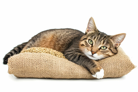 Tabby cat lounging on a pillow on a white background.