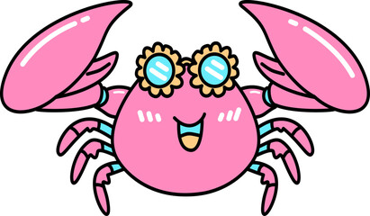 Retro Groovy Cartoon Pink Crab Wearing Sunglasses Illustration