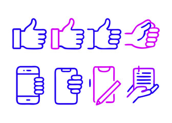Social Media Engagement and Mobile Communication Icons Set icons depicting thumbs up mobile phones pen paper suggesting social media interaction communication documentation thumbs like approval