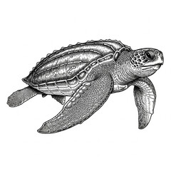 Obraz premium Hand-drawn sea turtle swimming in coral reef — detailed black and white underwater scene.