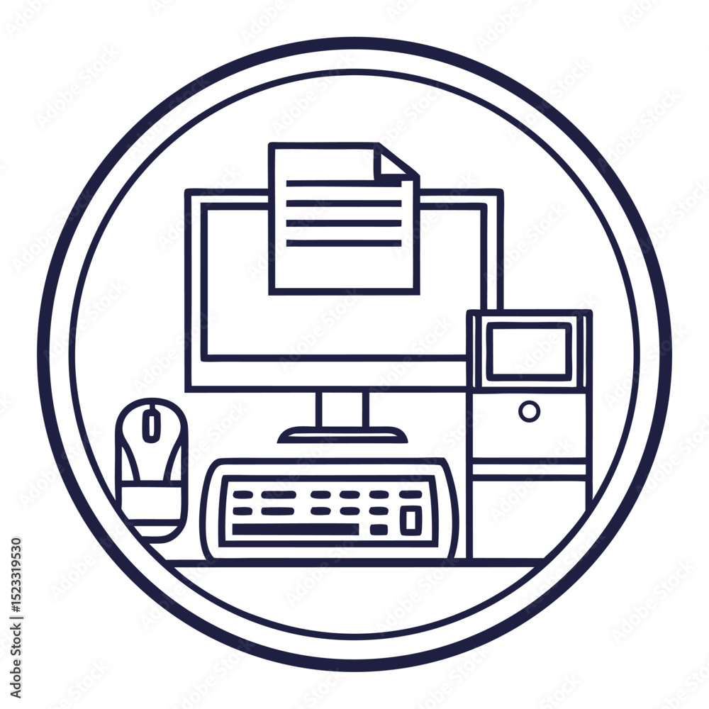 Poster computer workstation icon featuring monitor keyboard mouse and document in a circle