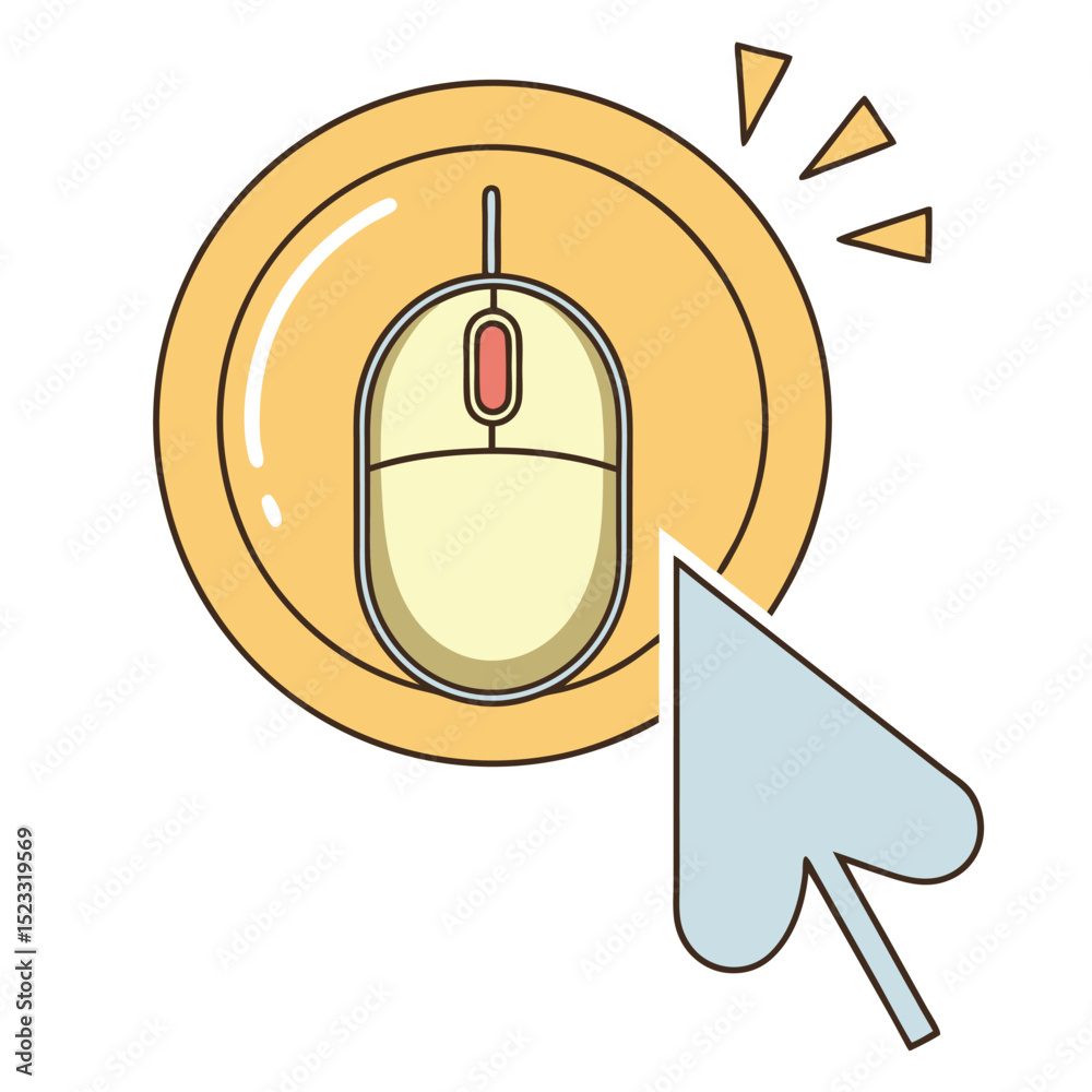 Poster computer mouse and click icon representing online digital interaction on white background