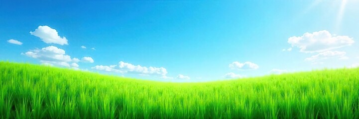 Fototapeta premium Vibrant, lush green grass under a clear blue sky; perfect for spring, summer, or nature-themed projects A tranquil scene of fresh, natural beauty , sky, pure, summer