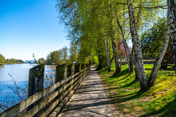 Winding dirt path along serene river with majestic mountains under blue sky in a picturesque countryside landscape.