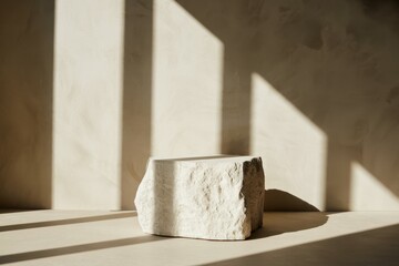 Abstract white stone podiums against a textured wall with natural light and shadow play for product display.