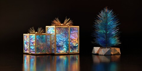 Three transparent glass boxes each containing a decorated Christmas tree against a white background.