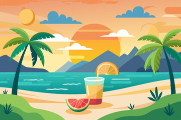 Tropical Sunset Beach Scene with Refreshing Drinks vibrant illustration tropical beach sunset Palm trees mountains and calm ocean are depicted glass juice and grapefruit slice