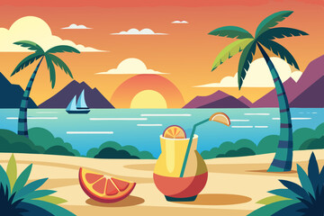 Tropical Sunset Beach Drink Scene vibrant illustration tropical beach scene sunset cocktail sits the sand with slice orange nearby palm trees line the shore and