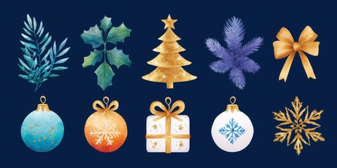 Fototapeta premium Close-up of colorful Christmas ornaments including baubles and stars with festive lighting and decorations.