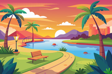 Colorful Sunset Park Scene with Lake and Palm Trees vibrant illustration park lake sunset trees bench path are featured landscape mountains castle the background sunset