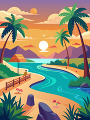 Tropical Beach Sunset Scene vibrant illustration tropical beach sunset person sits bench overlooking calm turquoise river that flows through the sandy beach Palm trees and