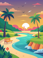Obraz premium Sunset Beach Scene with Palm Trees vibrant illustration tranquil beach scene sunset trees line the riverbank wooden bench the sandy shore The colors are soft