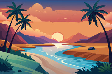 Sunset River Landscape with Palm Trees vibrant illustration serene river landscape sunset trees flank sandy beach mountains the background The colors are warm and inviting