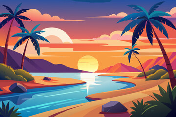 Tropical Sunset Beach Scene vibrant illustration tropical beach sunset Palm trees line the shore and calm river flows through the sand Mountains and colorful clouds