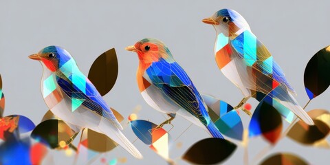 Three birds perched on a tree branch against a bright, blurred natural background in daylight.