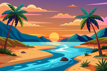 Tropical Sunset Beach Scene vibrant illustration tropical beach sunset Palm trees frame sandy shore with flowing river leading mountains the background The colors are bold