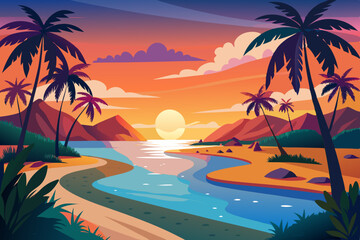 Tropical Sunset Beach Scene vibrant illustration tropical beach sunset Palm trees line the shoreline with calm river flowing into the ocean Mountains and lush vegetation