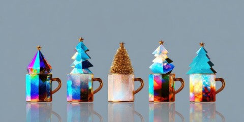 Colorful ceramic cups with tree designs lined up in a row on a white surface, bright daylight.