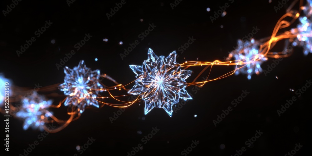 Sticker detailed close-up of a single snowflake crystal against a solid black background, showcasing intrica