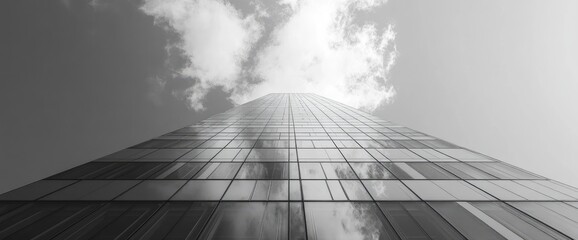 Upward view of a tall glass building with clouds reflecting on it in grayscale