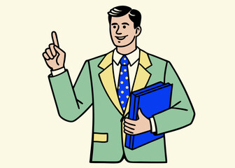 Smiling Businessman Pointing and Holding Documents cartoon illustration man light green suit holding blue folder pointing upwards has friendly expression dressed classic business style businessman