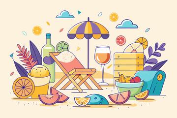 Summer Beachside Relaxation Scene vibrant illustration beach scene featuring lounge chair umbrella drinks and various fruits The style simple line art with bright color palette