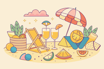 Summer Beach Picnic Illustration colorful illustration beach picnic scene with drinks beach chairs umbrella and various fruits The style simple line art with pastel colors
