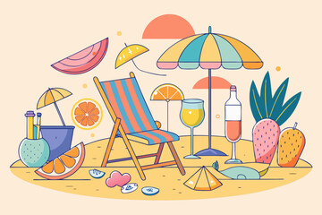 Summer Beach Day Vibes Illustration colorful illustration beachside relaxation with lounge chair umbrellas drinks and tropical fruits Perfect for summer themed designs beach summer vacation relaxation