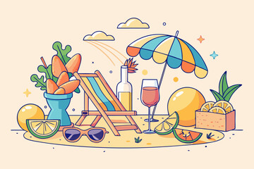 Summer Beach Relaxation Scene vibrant illustration beach scene featuring beach chair umbrella drinks fruits and sunglasses and summer fun are the key themes beach summer