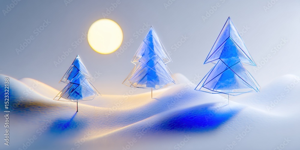 Poster three bare trees stand evenly spaced on a snow-covered field under a clear daylight sky.
