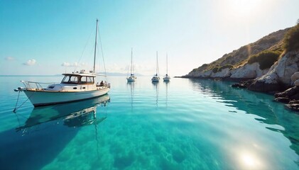 Obraz premium Tranquil scene of several boats anchored in calm, clear water, sunlight reflecting on the hulls Perfect for travel, nautical, or serenity themes , harbor, calm water, floating