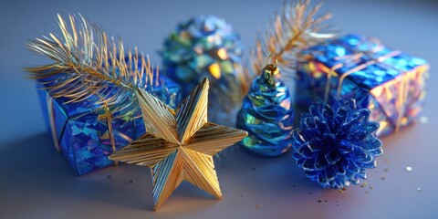 Three festive Christmas ornaments displayed on a wooden table with soft indoor lighting.