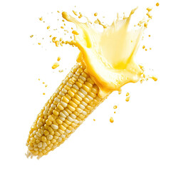 Fresh corn cob with a liquid splash isolated on tranparent background.