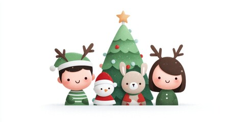Obraz premium Three people standing beside a decorated Christmas tree indoors with warm lighting, festive holiday setting.