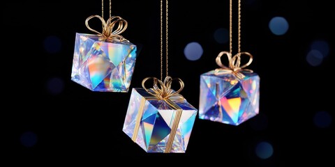 Three clear crystal cubes suspended on gold chains against a solid black background, minimalist design.