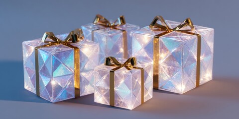 Three transparent gift boxes with gold ribbons and bows on a solid blue background.