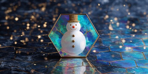 White snowman figurine displayed inside a glass case on a gray tiled floor in bright lighting.