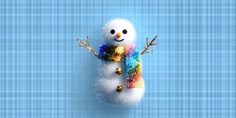 Snowman wearing a red scarf and black hat standing on snow-covered ground in daylight.