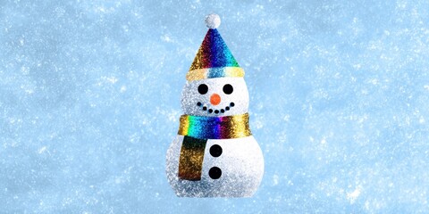 Snowman wearing a black hat and red scarf standing on snowy ground with a clear winter sky background.