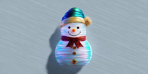 Snowman wearing a black hat and red scarf standing outdoors on a snowy winter day.