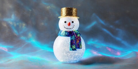 Snowman wearing a black hat and red scarf standing in fresh snow outdoors during daytime.