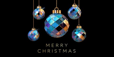 Five colorful Christmas ornaments hanging from the ceiling against a white background, festive holiday decoration.