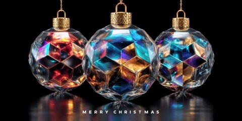 Three shiny glass ornaments with intricate designs displayed on a black background, perfect for festive decor.