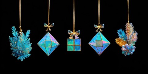 Four decorative ornaments hanging from a ceiling in a softly lit indoor room.