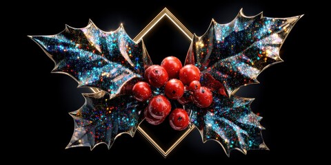 Christmas decoration featuring holly leaves and red berries on a festive background.