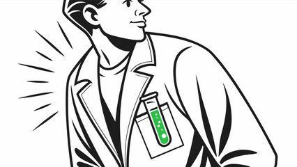 Cartoon Scientist with Test Tube in Pocket Black and White
